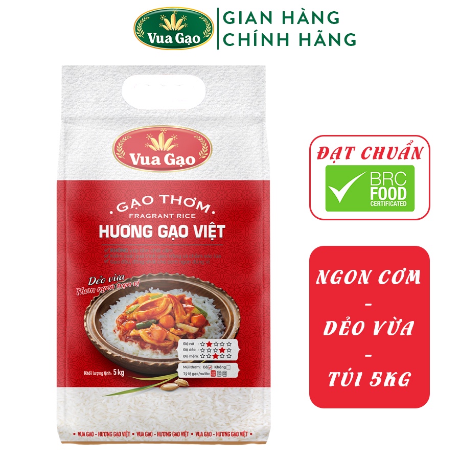 Gạo Thơm Hương Gạo Việt – Vua Gạo – Cơm Dẻo Vừa, Vị Ngọt Hậu - Túi 5kg