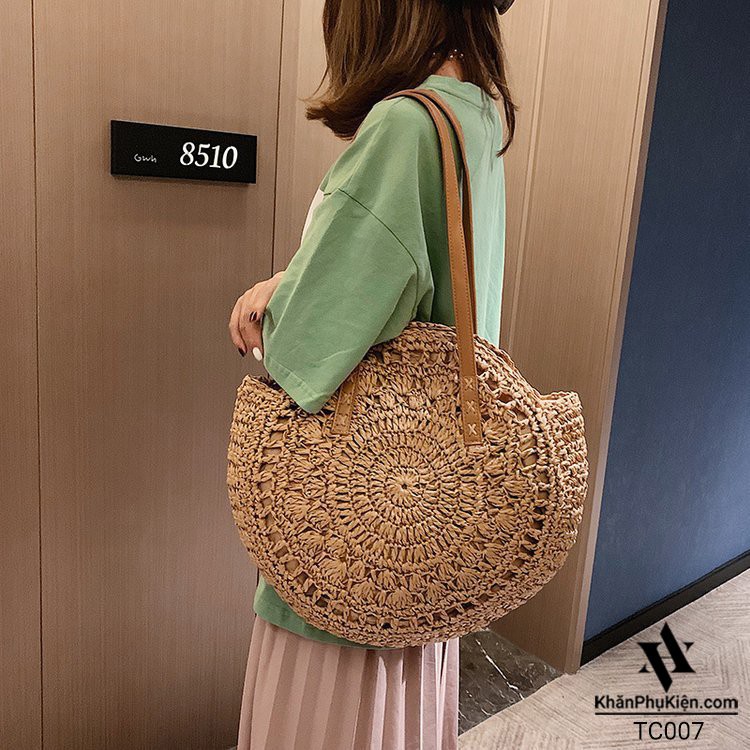 [NowShip - Giao Ngay] Túi Cói Boho Vintage Đeo Vai, Đeo Chéo Hình Tròn Dây Da Màu Nâu Be Trơn