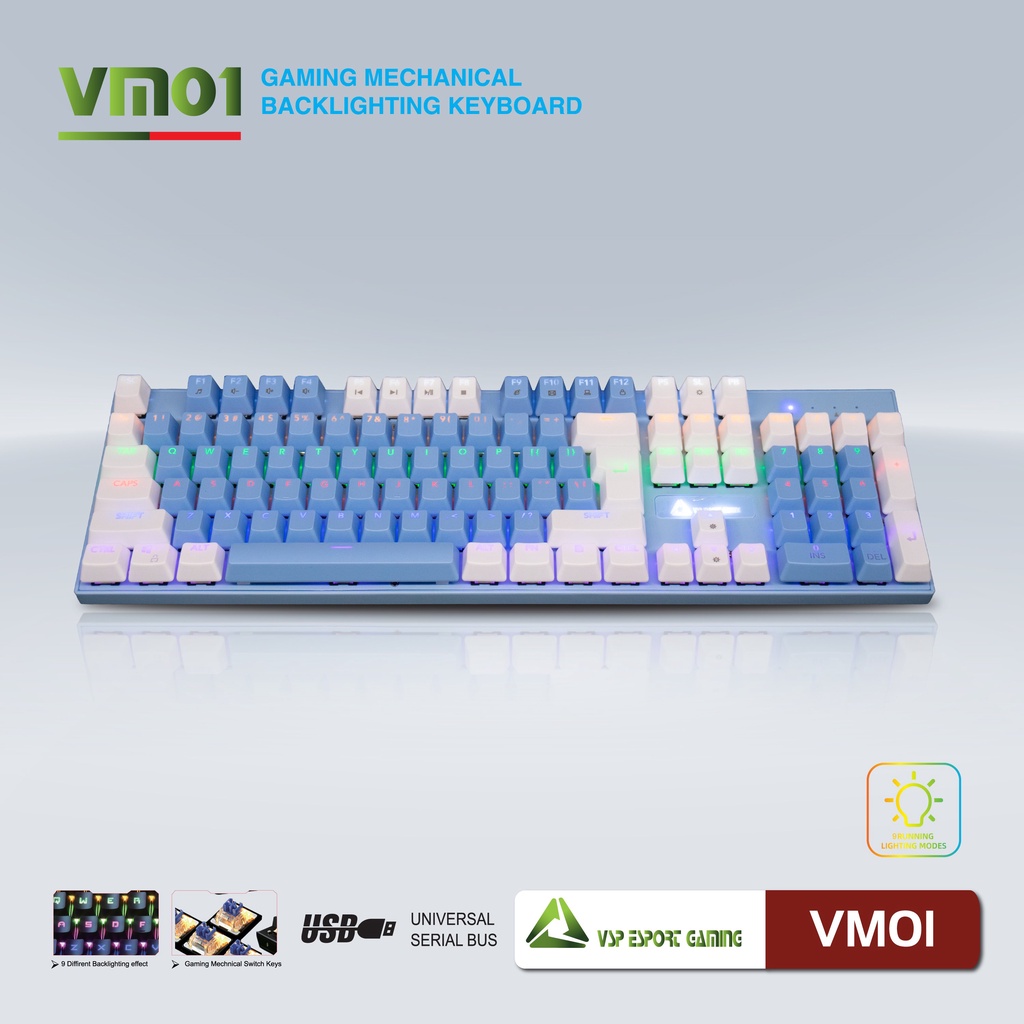 Bàn phím Cơ Gaming VSP Esport VM01 - 13 chế độ Led, Anti Ghost 25 phím - Hãng phân phối