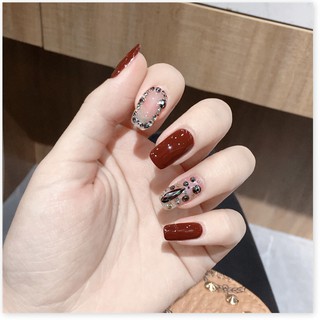 Bộ 24 móng móng tay giả vuông dài, đính hộ, đá, kim cương giả, màu đỏ và trong đục