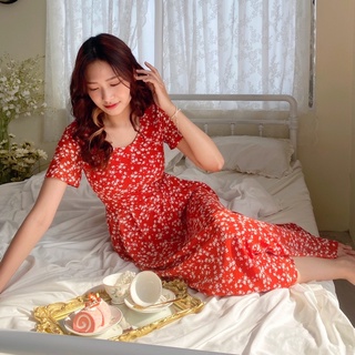 Váy cổ tròn hoa nhí đỏ Min Design
