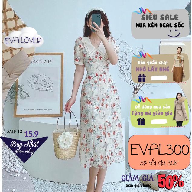 Váy hoa nhí công sở dáng A cổ trắng thanh lịch đính cúc ngọc chất liệu lụa mềm mại thiết kế Evalover