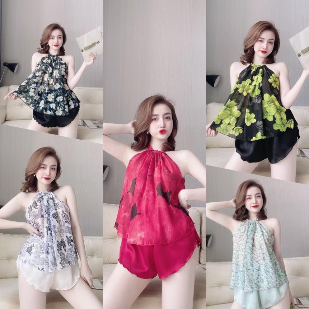 Đồ ngủ sexy nữ SOJUN Bộ yếm Voan cột nơ sexy satin phối voan size &lt;65kg