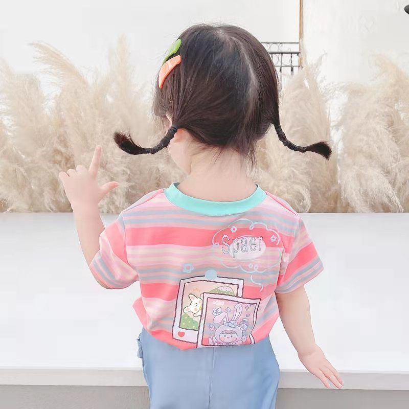 Áo Thun Tay Ngắn Kẻ Sọc Họa Tiết Hoạt Hình Phong Cách Hàn Quốc Cho Bé Gái