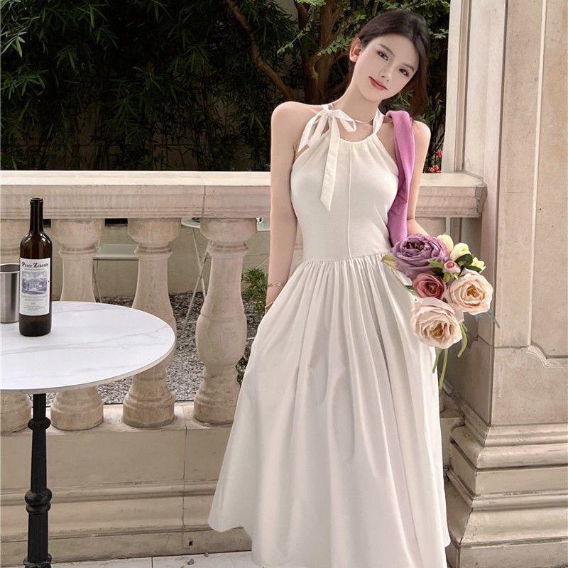 [MURIOKI] Đầm Trắng Dáng Dài Không Tay Thắt Nơ Phong Cách Hàn Quốc Thanh Lịch Dành Cho Nữ