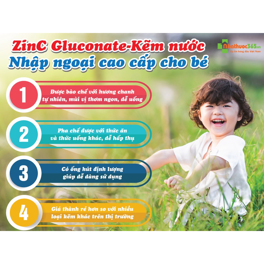 Siro Zinc Gluconate Lọ 30ml - Bổ sung Kẽm, vitamin C cho bé Giúp tăng đề kháng,Cải thiện tình trạng biếng ăn của trẻ