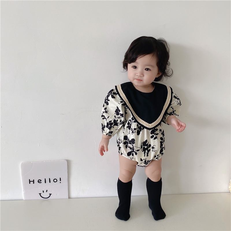 Áo Liền Quần Dài Tay Màu Đen In Hoa Thời Trang Mùa Thu Dành Cho Trẻ Nhỏ Mới Sinh