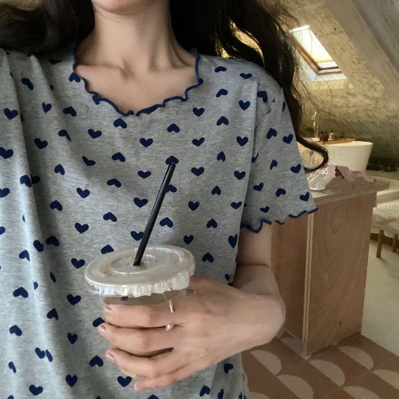 [Spot Bộ đồ ngủ ngắn tay dáng rộng cỡ lớn mặc ở nhà bên ngoài kiểu Hàn Quốc dễ thương