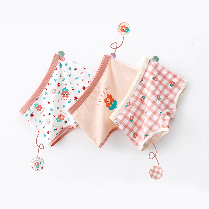 SANITKUN Set 3 Quần Lót Cotton Kháng Khuẩn In Họa Tiết Hoa Dễ Thương Phong Cách Hàn Quốc Cho Bé Gái