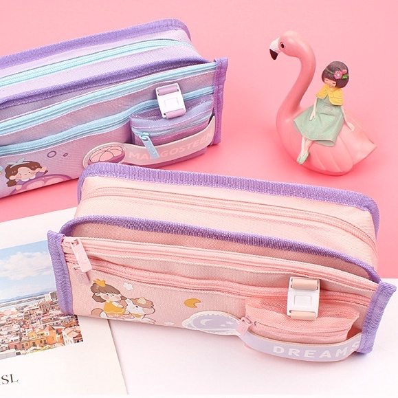 Túi bút vải hình cô gái to nhiều ngăn - hộp vải canvas đựng mỹ phẩm, Bóp viết dành cho nữ cute  HBV59