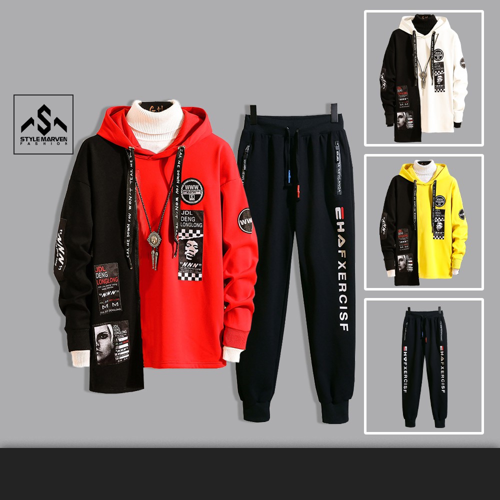 Bộ quần áo nam thu đông hai màu độc đáo STYLE MARVEN hoodie dài tay phối joogger nỉ bo gấu - SET NAM 90000182