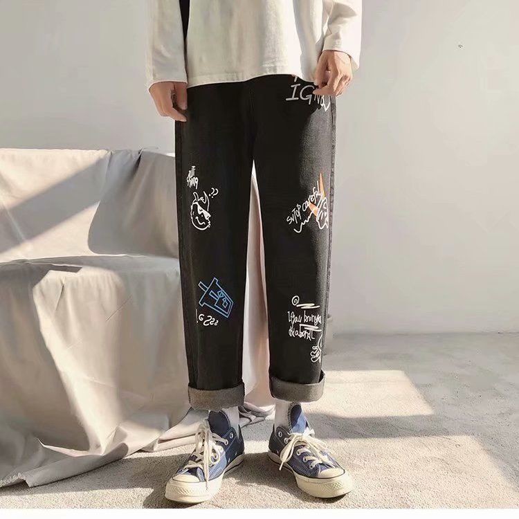 Men jeans Wide Leg denim pant Loose Straight Baggy men's jeans Streetwear Hip Hop casual Skateboard pants S-5XL Neutral trousers 2021 new net red jeans men's straight tube loose and fashionable students' Korean wide leg print pants