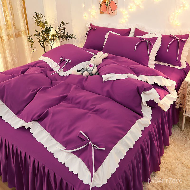 32Độ Phiên Bản Hàn Quốc Của Giường Bốn Bộ Drap Giường Màu Đỏ Chà Nhám Tờ Quilt Ba Giường Đôiins