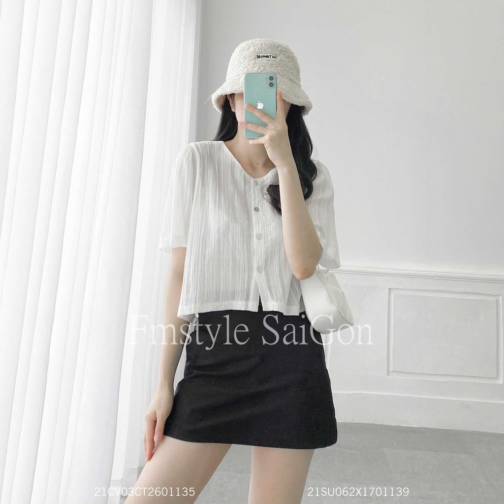 Áo sơ mi tay ngắn 4 nút croptop chít vai ulzzang thời trang nữ VM STYLE 21SU062X1701