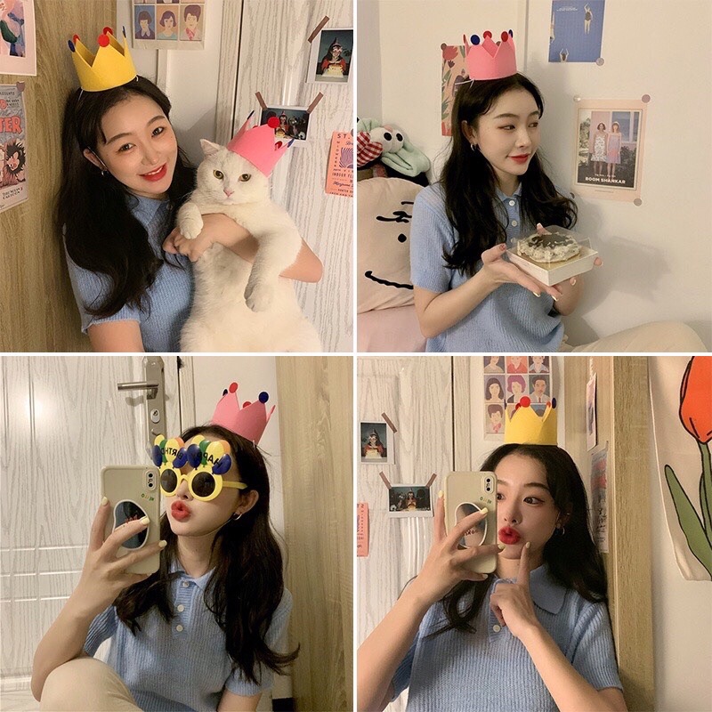 Mũ sinh nhật vương miện vài nỉ gắn chóp bông hàn quốc nhiều màu sắc