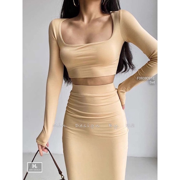 Set bozip xinh hót áo croptop cổ vuông chân váy bút chì