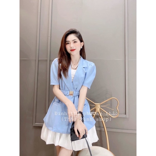 Set Váy Áo Khoác Xanh - Set Áo Vest Chân Váy Xoè - Chất Đẹp Loại 1