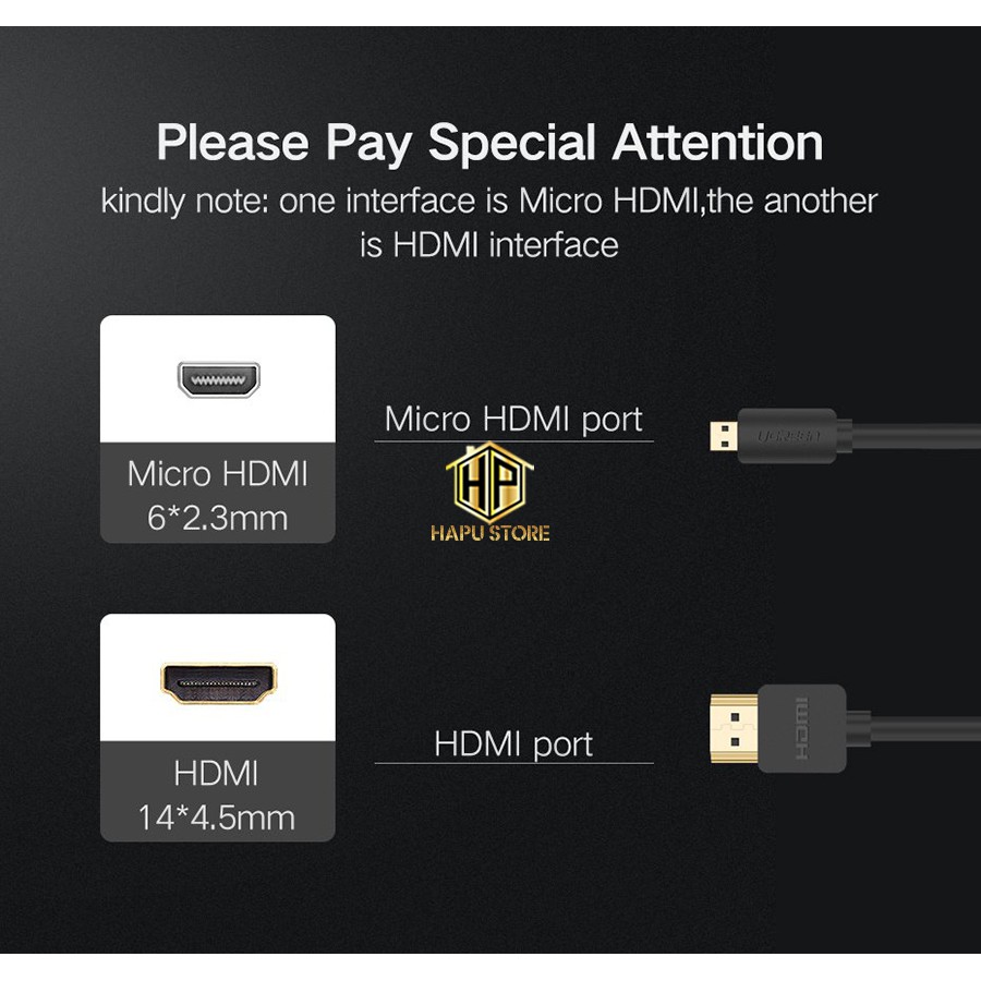 Cáp chuyển đổi Micro HDMI sang HDMI Ugreen 30102 dài 1,5m chính hãng - Hapustore