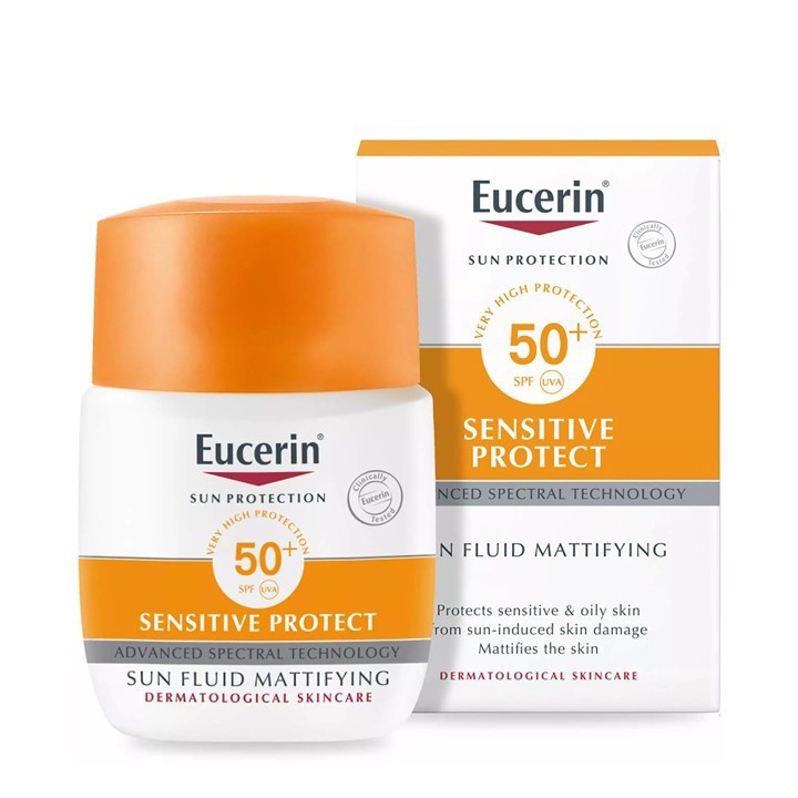 Combo Eucerin kem chống nắng Sun Fluid Mattifying SPF50+ 50ml &amp; nước tẩy trang da nhạy cảm Dermatoclean Micellar 200ml