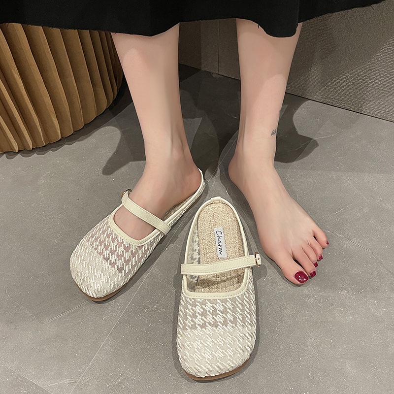 Dép Sandal Đế Bằng Mềm Mại Phối Ren Thoáng Khí Phong Cách Thời Trang Pháp Dành Cho Nữ