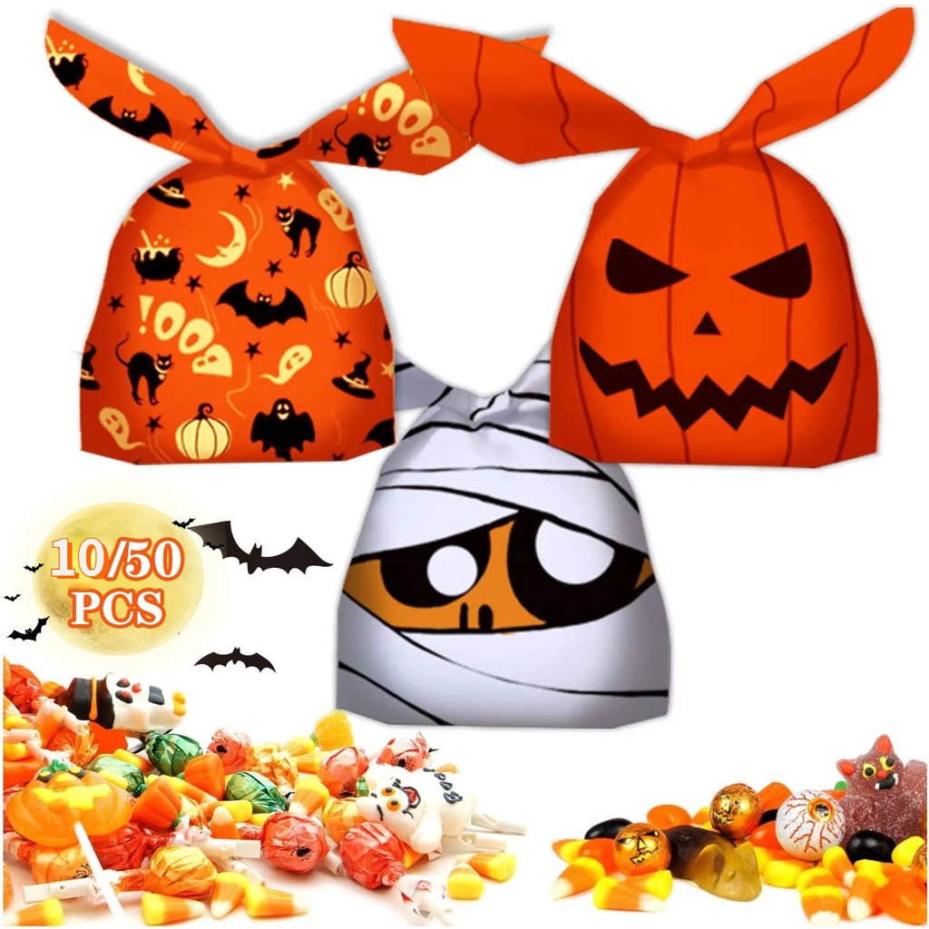 Set 50 / 10 Túi Nhựa Đựng Kẹo Hình Tai Thỏ Ma / Quỷ Độc Đáo Cho Ngày Halloween