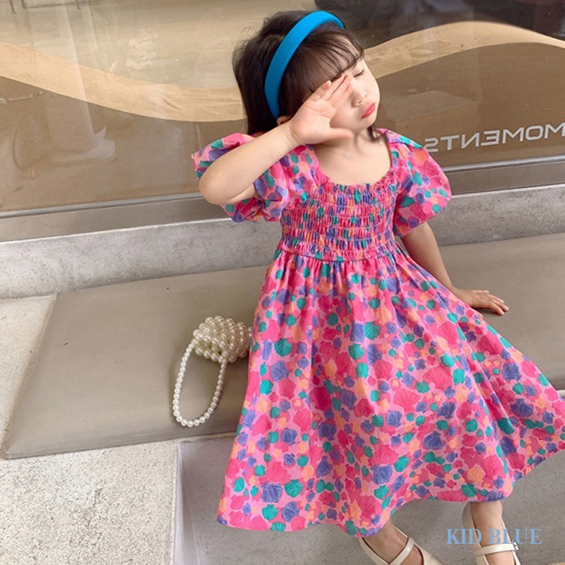 Đầm Hoa Cổ Vuông Tay Phồng Xếp Ly Thời Trang Hàn Quốc Dễ Thương Cho Bé Gái