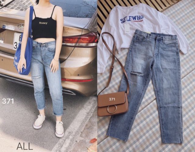 Quần slim baggy jeans xanh rách bên đùi kèm ảnh thật