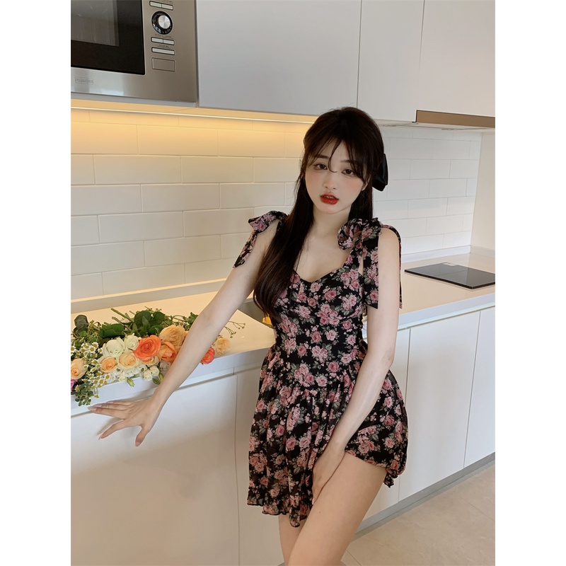 Đầm ZHELIHANGFEI hai dây dáng ngắn chiffon in họa tiết hoa nhỏ phối khóa kéo phong cách quyến rũ cao cấp thời trang