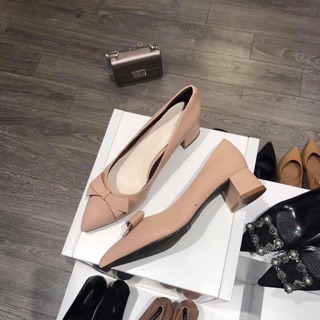 Giày gót vuông 3cm công sở nơ đen nude