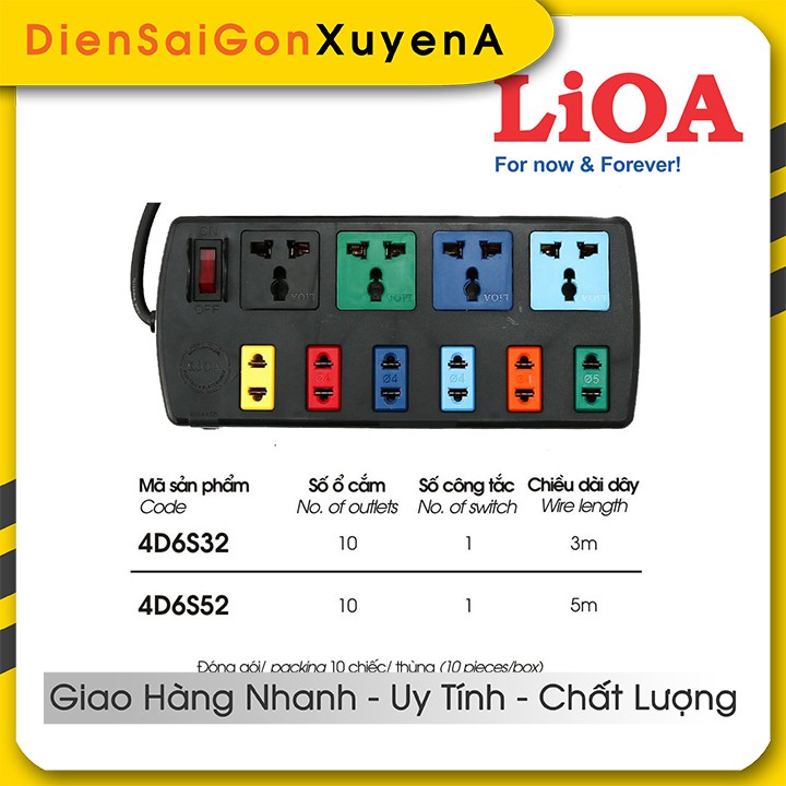 Ổ cắm điện đa năng 10 ổ cắm 5m Lioa 4D6S52 - phân phối bởi Điện Sài Gòn Xuyên Á