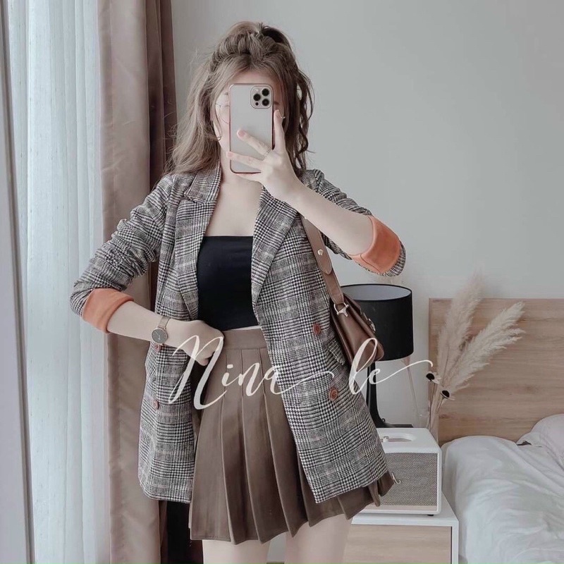 Áo dạ kẻ 4 cúc hàng Quảng Châu 2 lớp / Áo BLAZER nữ tay lật phong cách Hàn Quốc