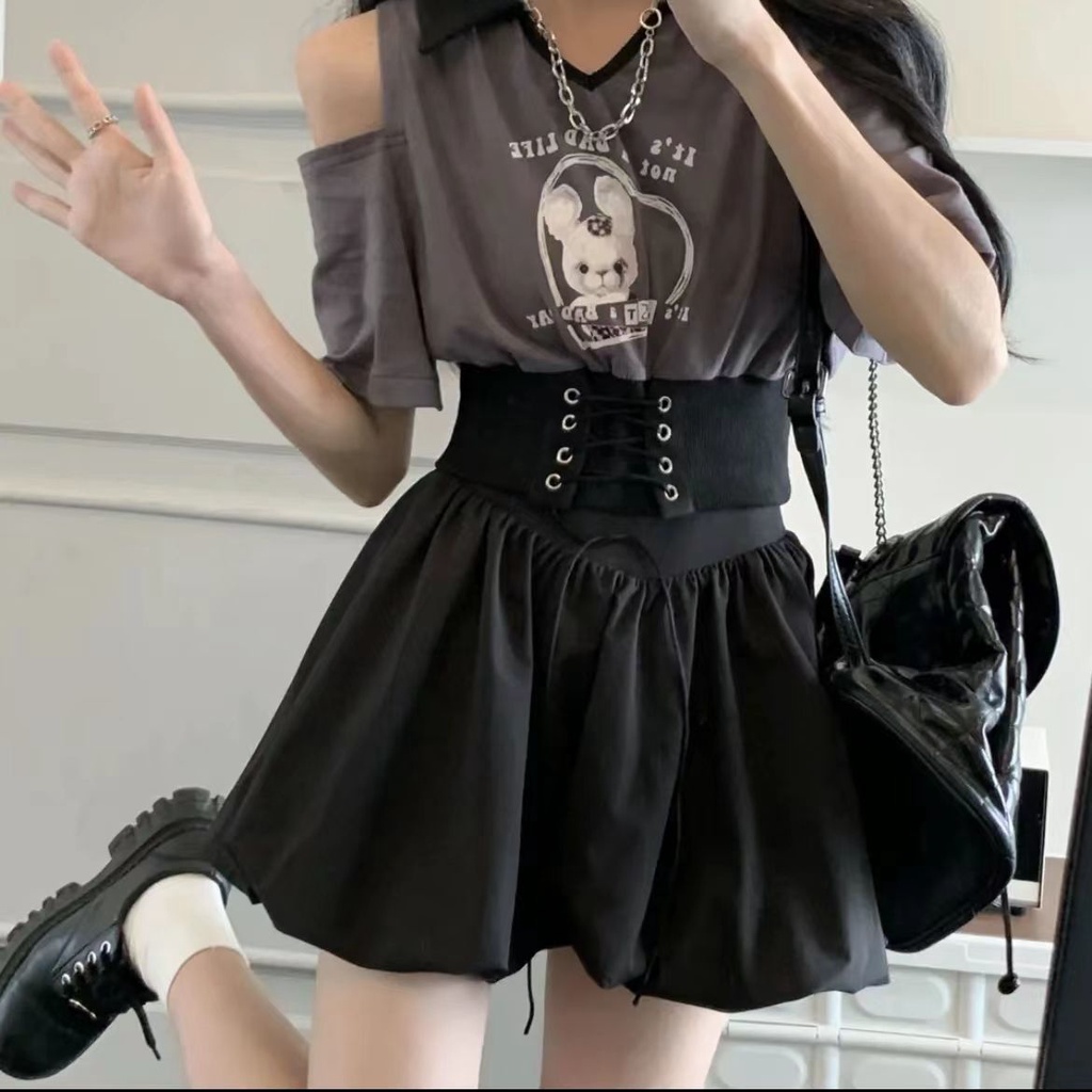 Mới Set Áo Lửng Ngắn Tay Trễ Vai + Chân Váy Xòe Thời Trang Dành Cho Nữ