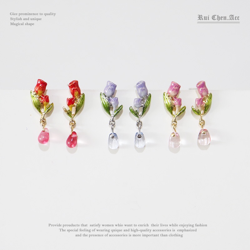 [Hàng Mới Về] Bông Tai Dạng Kẹp Hình Hoa Tulip Tráng Men Phong Cách Mori Thời Trang Mùa Hè Cho Nữ