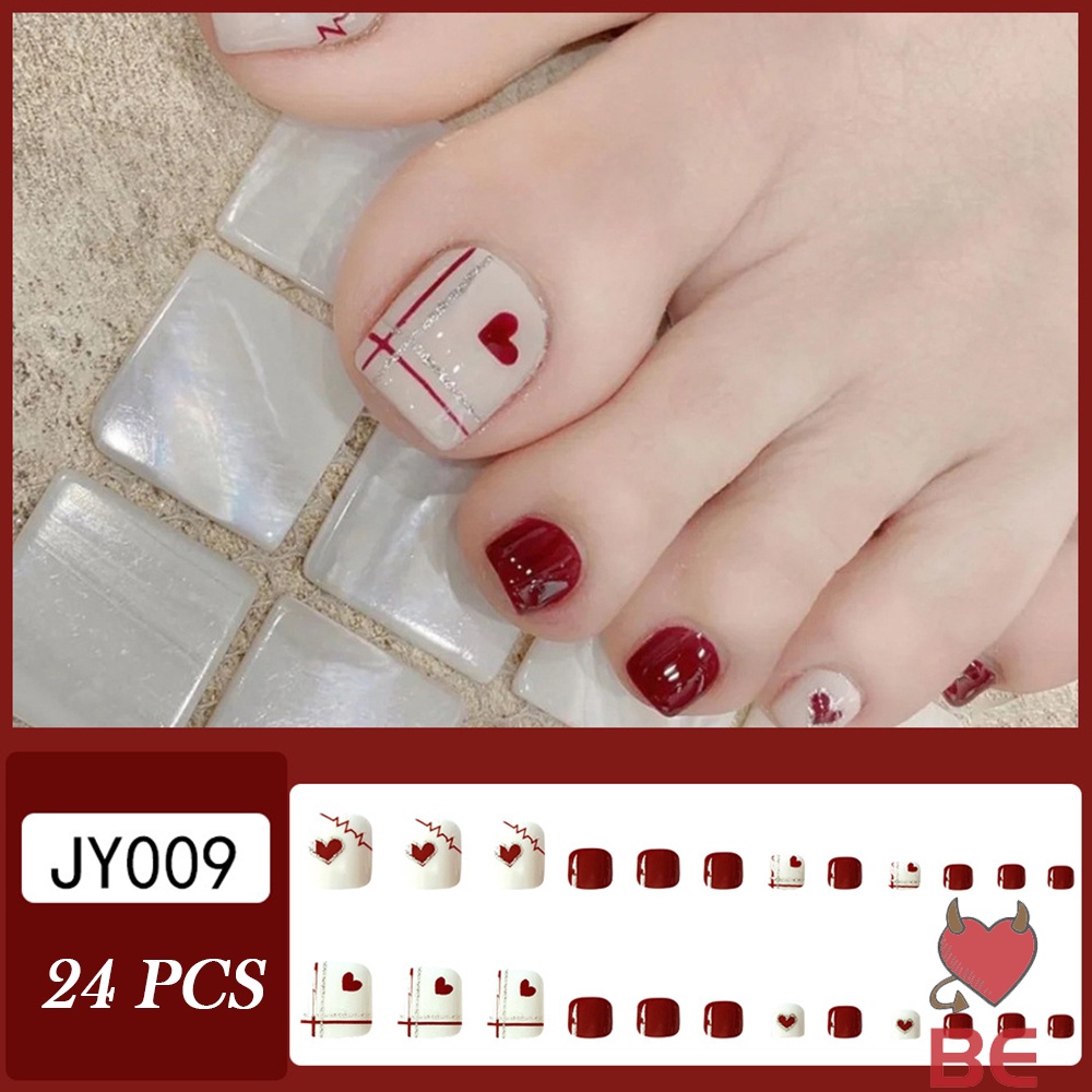 Bộ 24 móng chân giả YADORNOS ngắn kẻ sọc màu đỏ bóng trang trí móng nghệ thuật cho nữ DIY