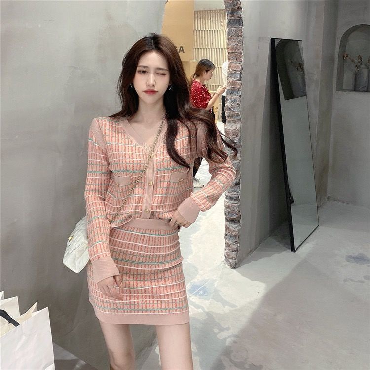 Set Áo Cardigan Dệt Kim Tay Dài Kẻ Sọc + Chân Váy Lưng Cao Dáng Ôm Thời Trang Cho Nữ
