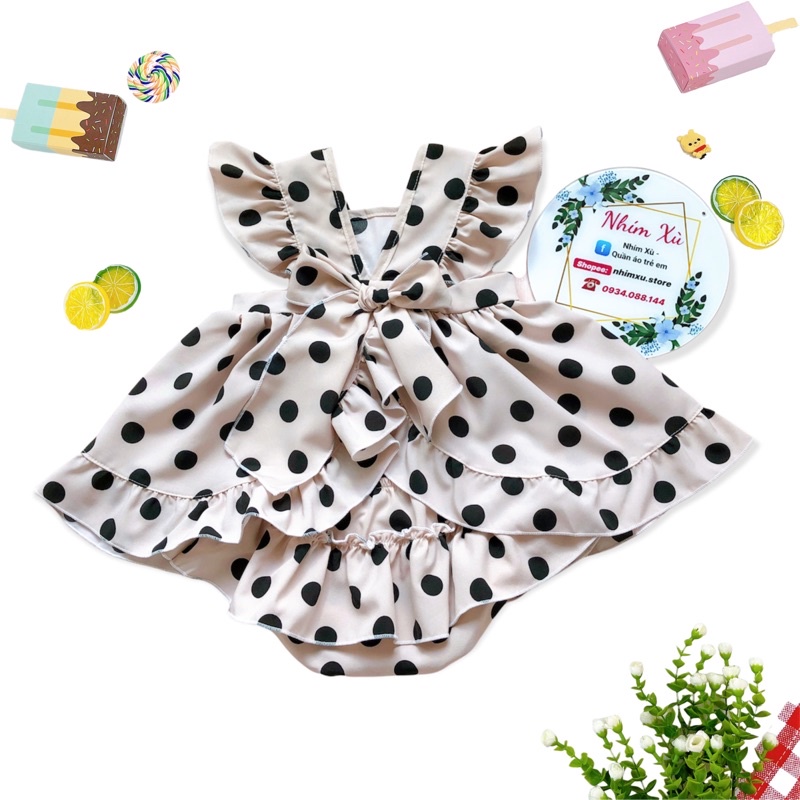 Bộ Váy Chấm Bi Bé Gái Sơ Sinh Đến 12kg, Đầm Lolita Bé Gái Chất Đũi + Lụa Mát Rượi [A280]