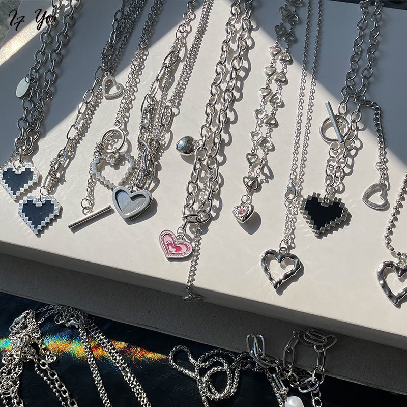 Vòng cổ choker AY nhiều lớp mặt hình trái tim/ thánh giá/ bướm đơn giản cho nữ