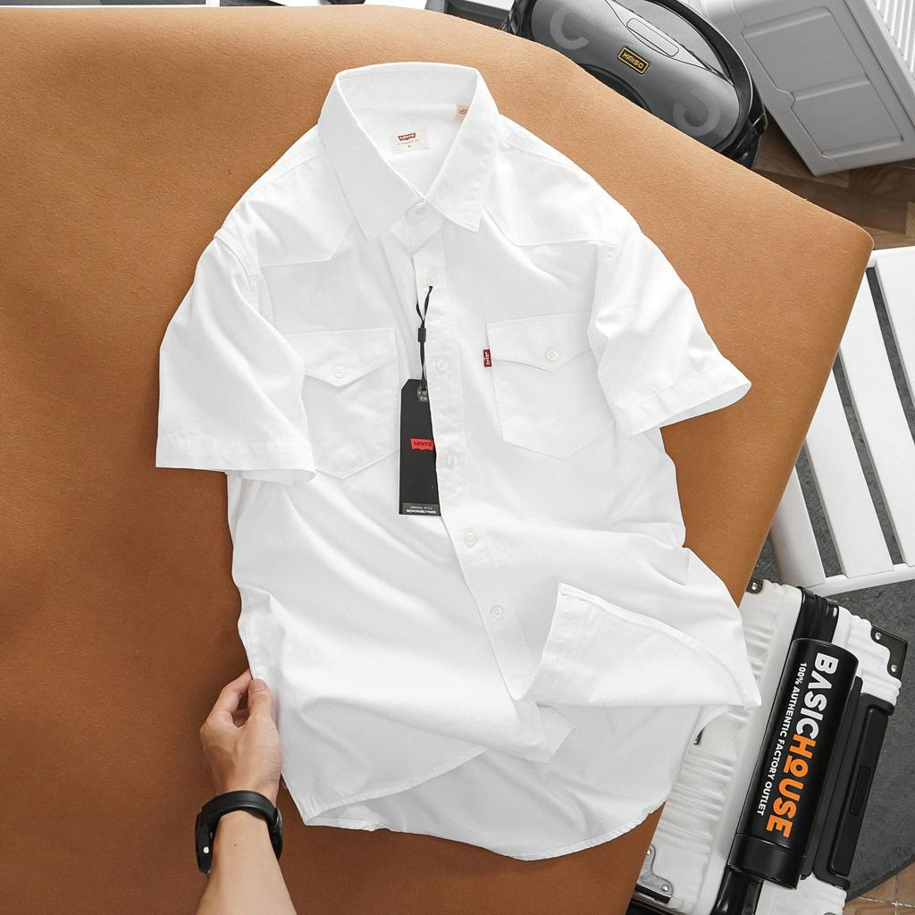 Áo sơ mi tay ngắn, sơ mi nam tay ngắn chất vải mềm mịn sang trọng thanh lịch màu xanh navy, trắng - Basichouse