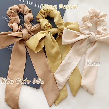 Dây Cột Tóc Scrunchies Satin Nơ Dài Tông Màu Pastel Xanh-Vàng Style Nữ Sinh Thanh Lịch