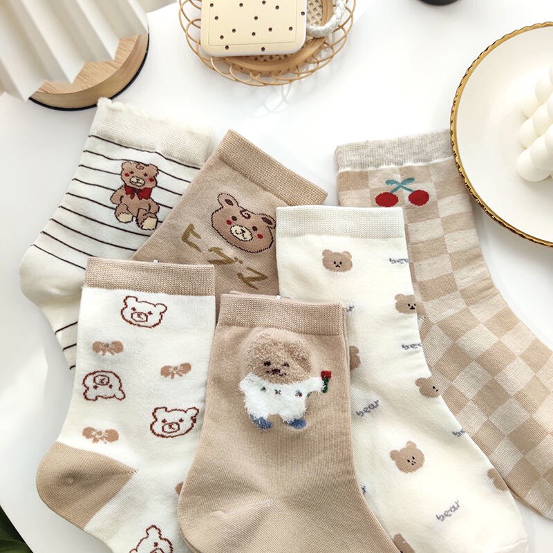 Tất nữ cao cổ gấu màu nâu họa tiết xinh xắn đáng yêu co dãn thấm hút mồ hôi dành cho nữ