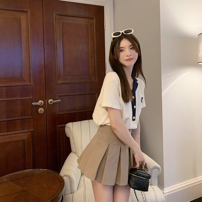 Áo Thun POLO Ngắn Tay Màu Sắc Tương Phản Phong Cách Hàn Quốc Dành Cho Nữ