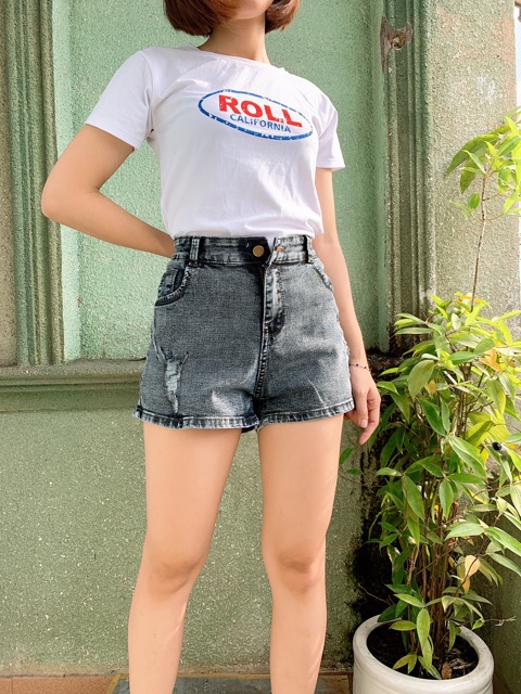 Quần short jean nữ BigSize lưng cao trên rốn, co dãn mạnh, lai cuốn, màu xám rách dành cho người mập 2639