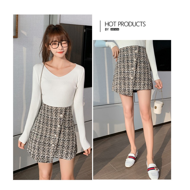 Chân váy len chữ A lưng cao phối nút ngọc trai nhân tạo thời trang cho nữ