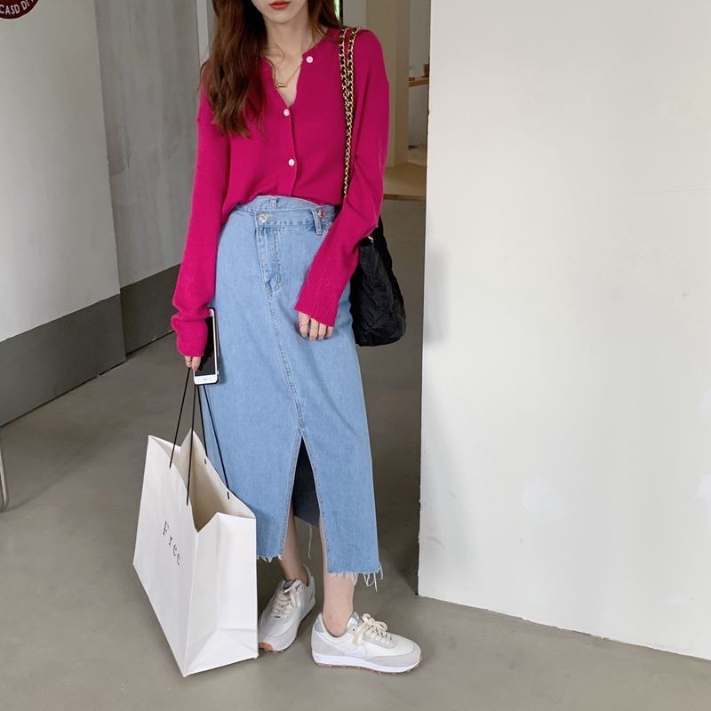 Áo Khoác cardigan Dệt Kim Mỏng Dáng Rộng Cổ Tròn Tay Dài In Họa Tiết Kẻ Sọc Màu Hồng Xinh Xắn Cho Nữ
