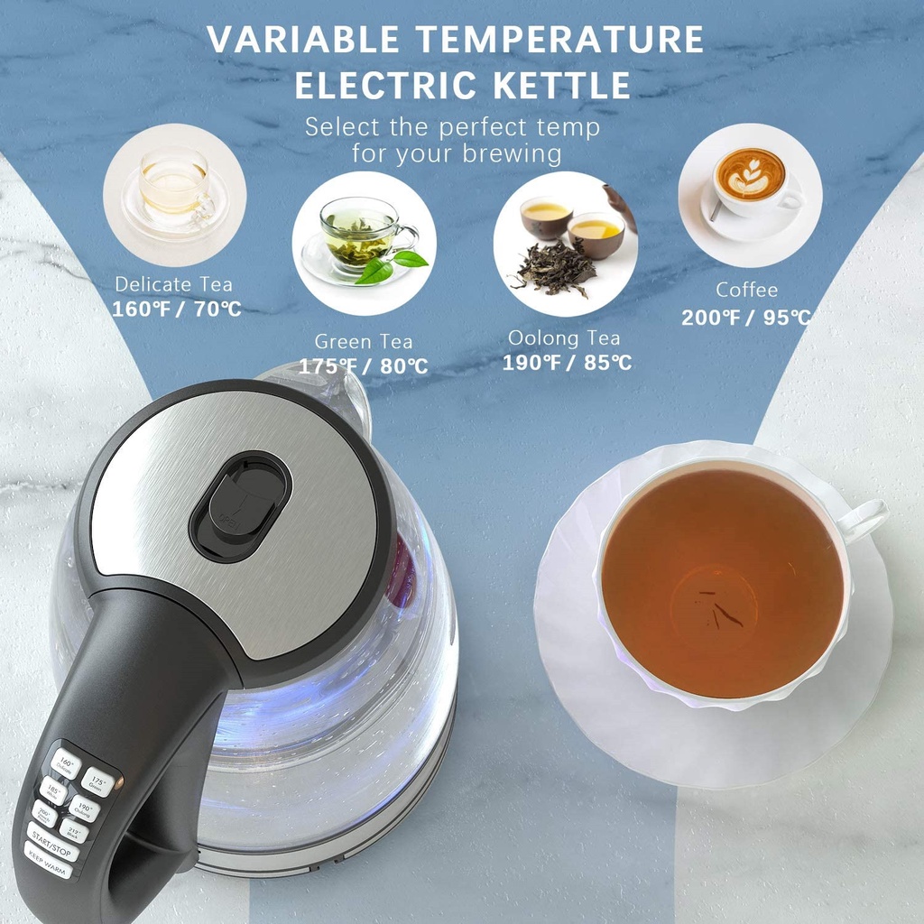 ►DEVISIB Nhiệt độ biến thiên Ấm đun nước điện 2.0L Thủy tinh cho Trà Cà phê Chức năng Giữ ấm Đun sôi Bảo vệ Khô Thiết bị