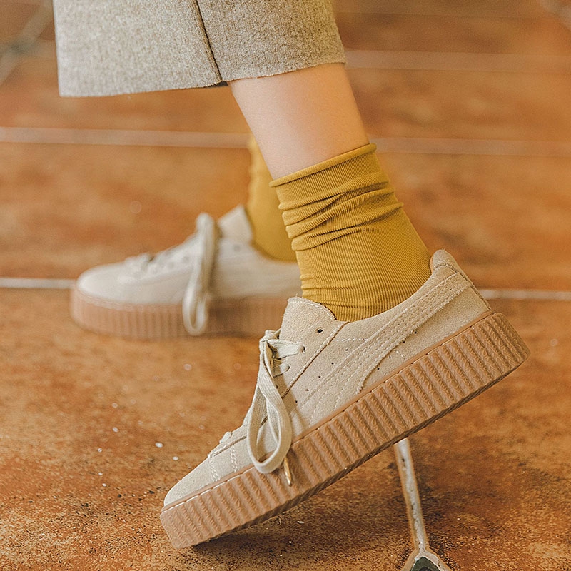 Korean Cotton Plain Loose Socks Women Candy Color Edge Curling Fashion Female Mid-Long Socks Harajuku Style Heelless Hosiery