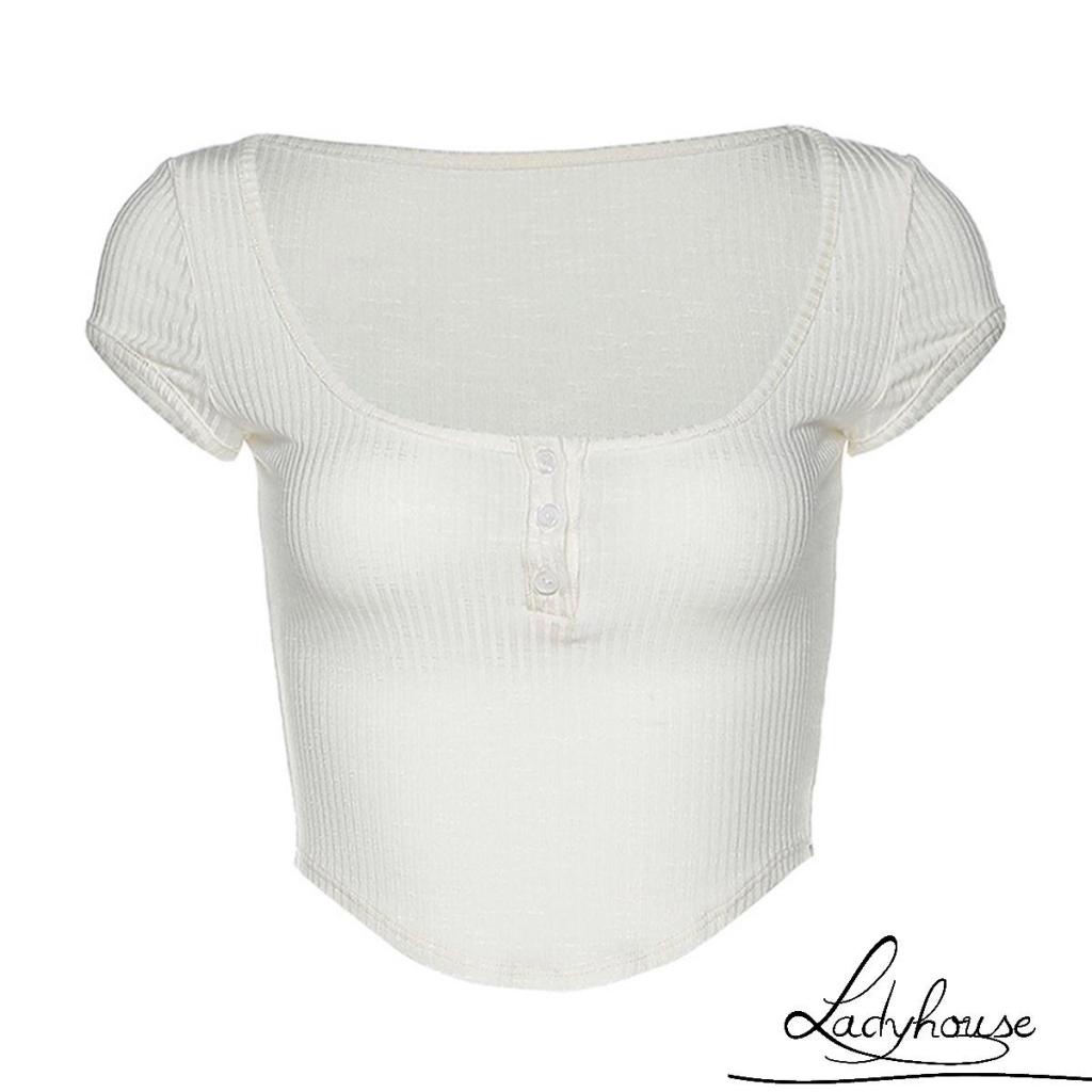 Áo Croptop Dệt Kim Tay Ngắn Cổ Vuông Màu Sắc Đơn Giản Thời Trang Mùa Hè Quyến Rũ Cho Nữ