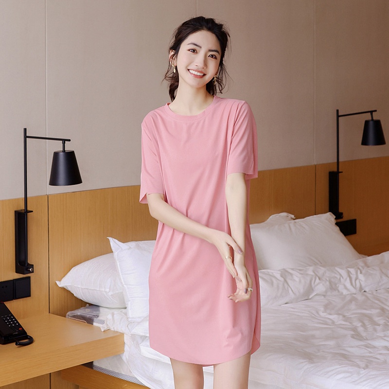 Đầm Ngủ Tay Ngắn Cổ Tròn Màu Trơn Bằng Vải Lụa Băng Dành Cho Nữ