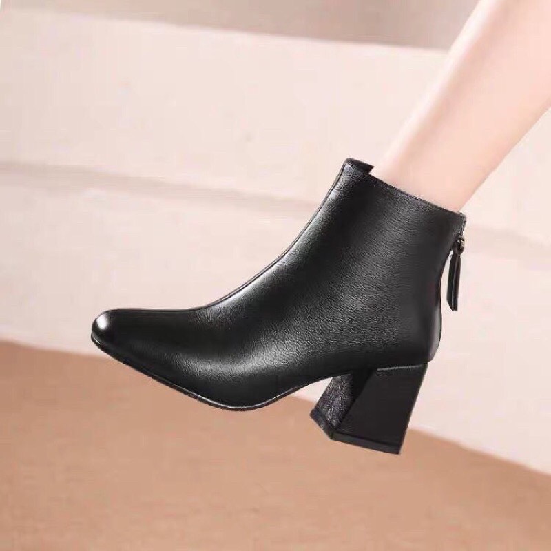 Giày Boots Nữ Cao Gót Dế Vuông, Boots Ulzzang Nhăn Da Lì Trẻ Trung Năng Động BS04
