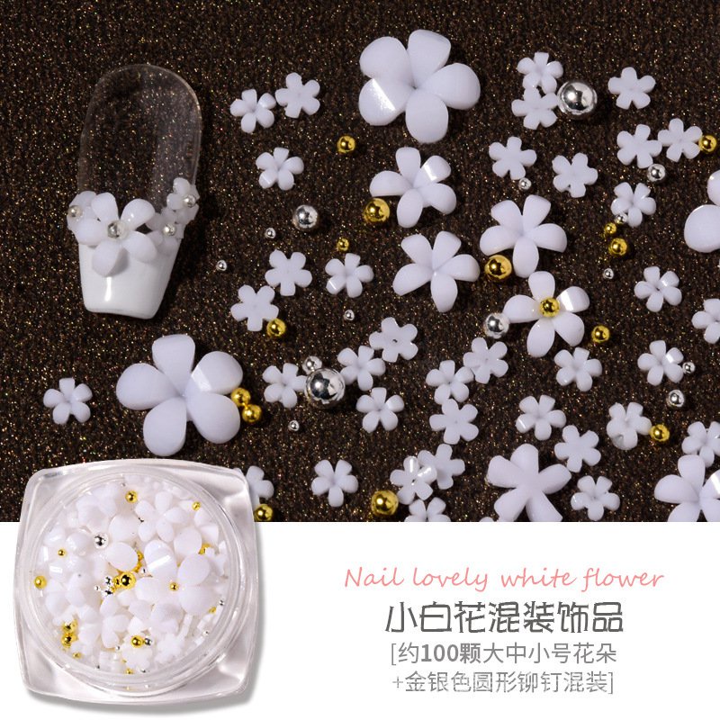 Set 100 Bông Hoa Trắng mini Ba Chiều Bằng resin Màu Trắng Dùng Để Trang Trí Móng Tay